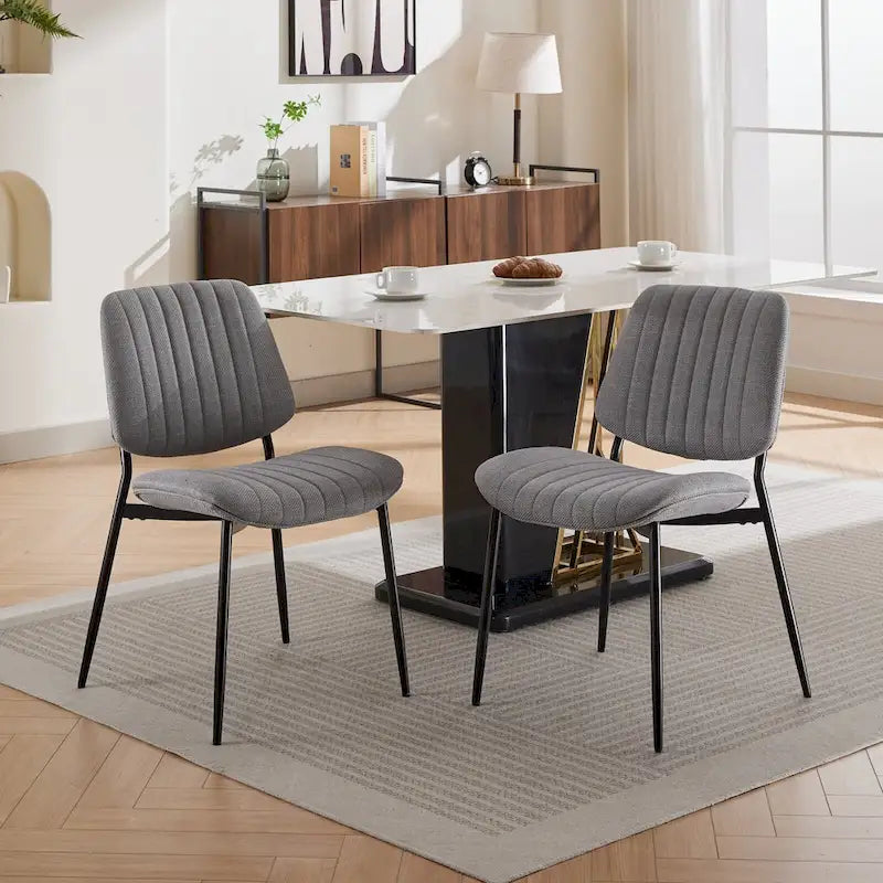 2 Piece Linen Dining Chair Set with Metal Legs, Curved Backrest Dining Room Chair Indoor Lounge Side Chair