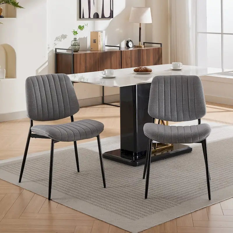 2 Piece Linen Dining Chair Set with Metal Legs, Curved Backrest Dining Room Chair Indoor Lounge Side Chair