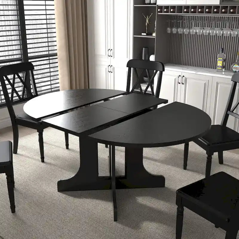 Modern Round Dining Table with Extendable Top and X Base