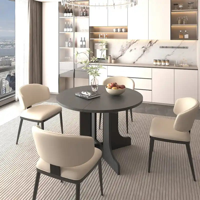 Modern Round Dining Table with Extendable Top and X Base