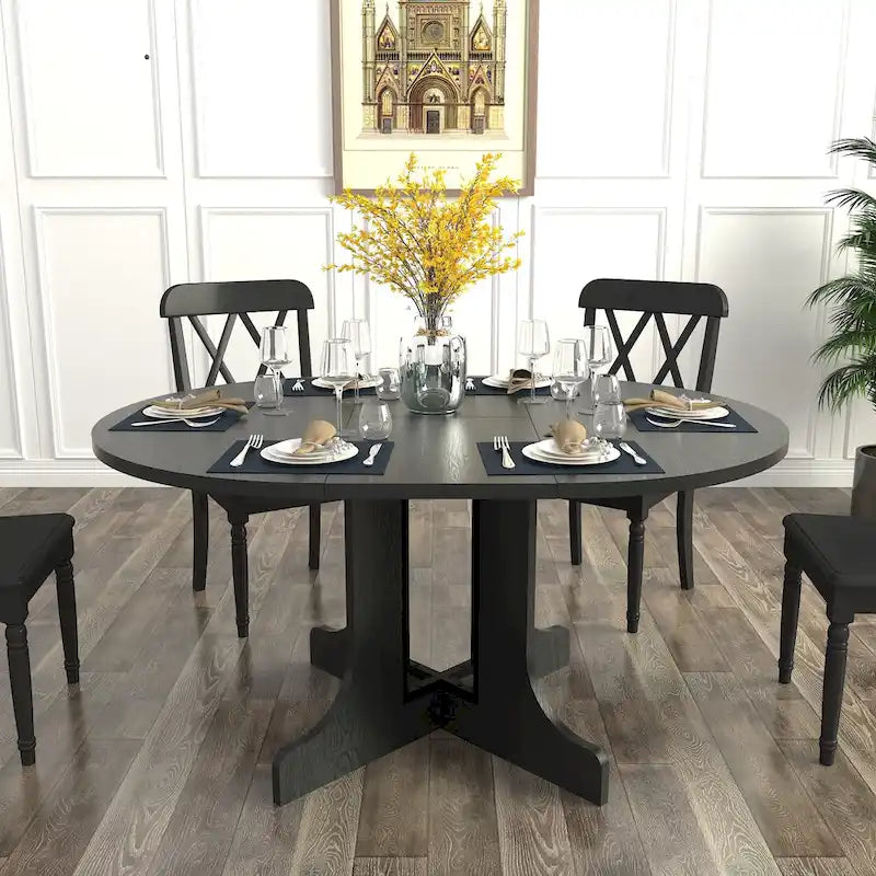 Modern Round Dining Table with Extendable Top and X Base