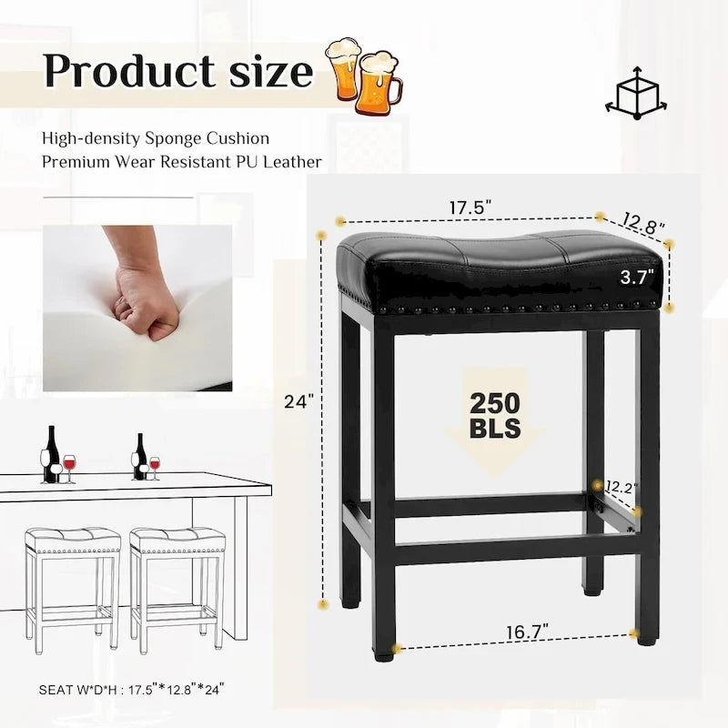 24 in. H Upholated PU Leather Thick Saddle Seat Counter Bar Stools Set of 2, Kitchen Chairs with Metal Base