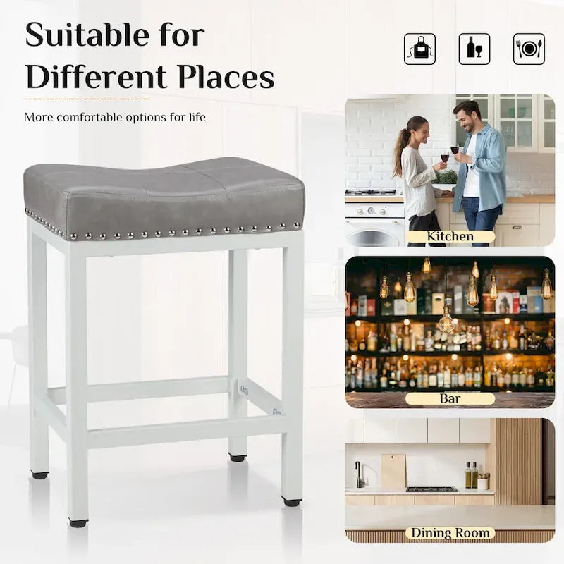 24 in. H Upholated PU Leather Thick Saddle Seat Counter Bar Stools Set of 2, Kitchen Chairs with Metal Base