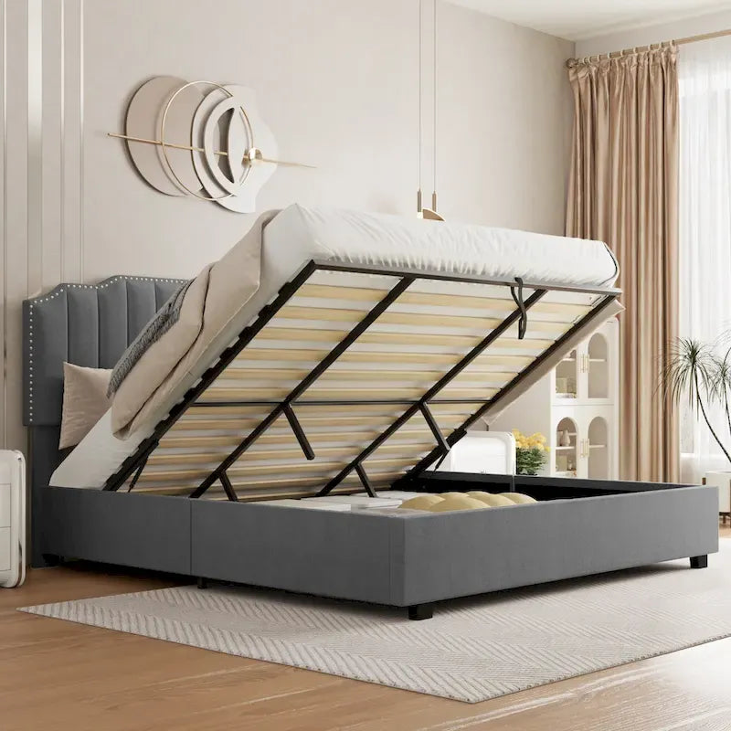 Gray Full Size Modern Style Velvet Upholstered Platform Bed with Storage Space for Bedroom