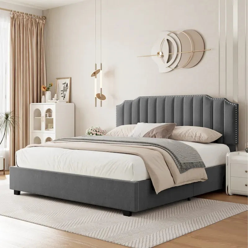 Gray Full Size Modern Style Velvet Upholstered Platform Bed with Storage Space for Bedroom