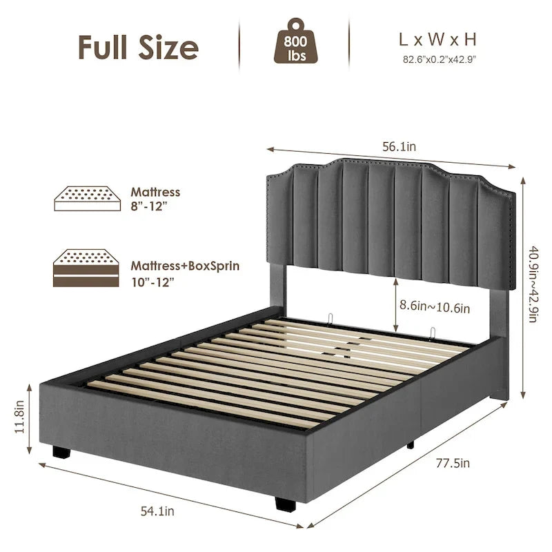 Gray Full Size Velvet Upholstered Platform Bed with Storage Space