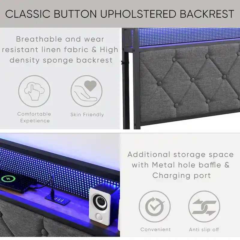 Grey Full Bed with Storage & LED