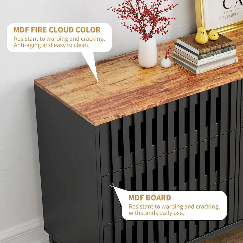 Modern Storage Cabinet with Grille Striped Doors and 6 Drawers for Living Room