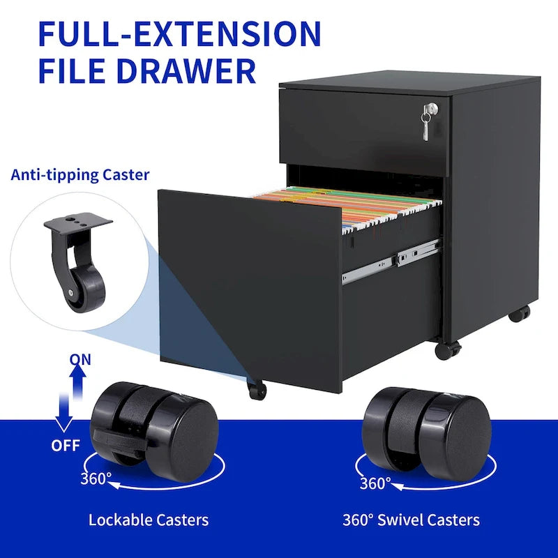 2 Drawer Mobile File Cabinet with Lock Steel File Cabinet for Legal/Letter/A4/F4 Size