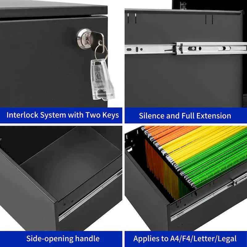 2 Drawer Mobile File Cabinet with Lock Steel File Cabinet for Legal/Letter/A4/F4 Size