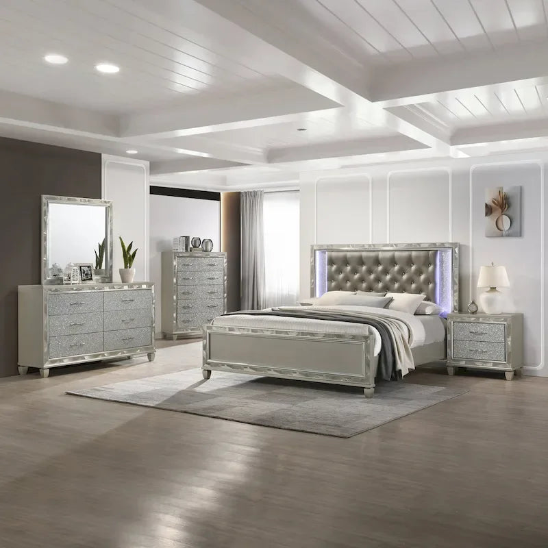 New Classic Furniture Deirde Gray And Sliver Bed with Tufted Headboard