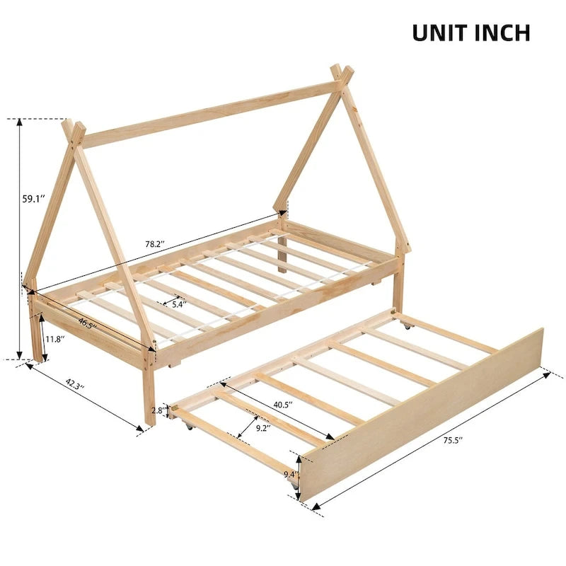 Twin size Tent Floor Teepee Bed with Trundle for bedroom