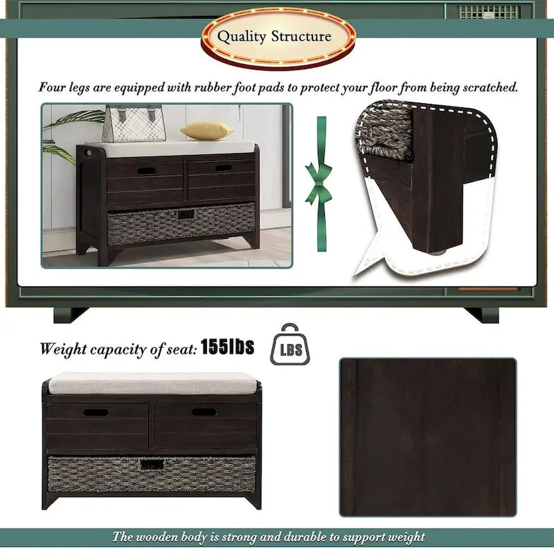 3-drawer Solid Wooden Storage Bench